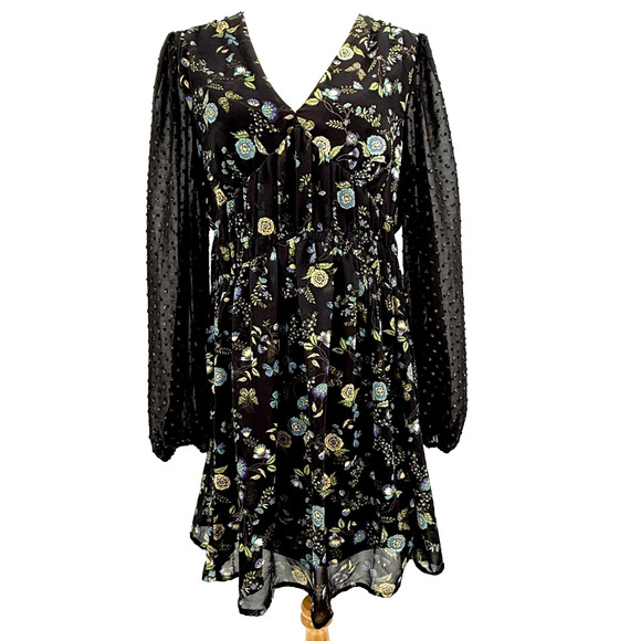 Umgee Mini Dress Womens L Floral Chiffon Swiss Dot Dark Romantic Fall Feminine - Picture 1 of 8